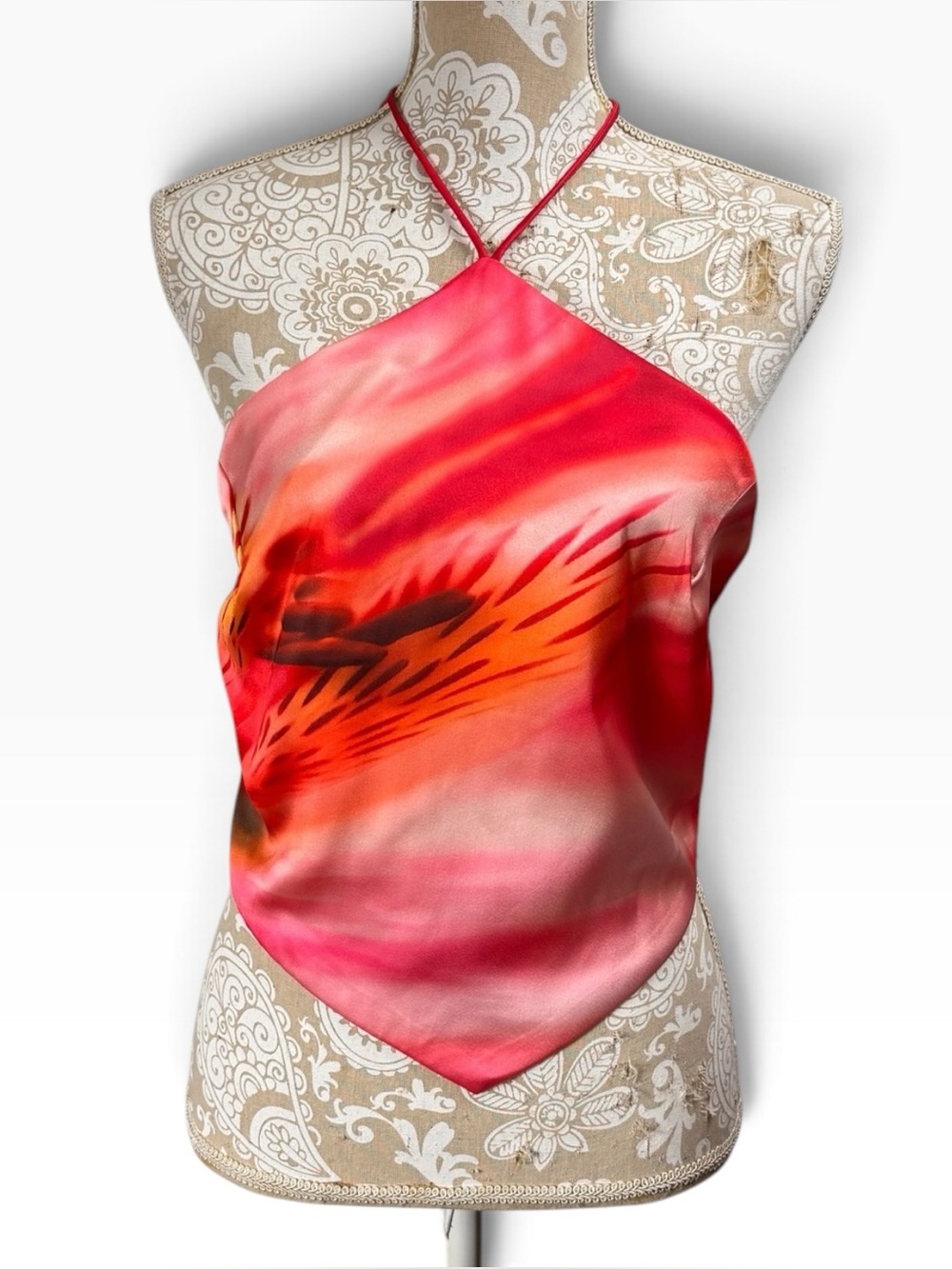 Tropical Scarf Halter Top Tie Neck Back Size Medium Festival Coverup Satin
